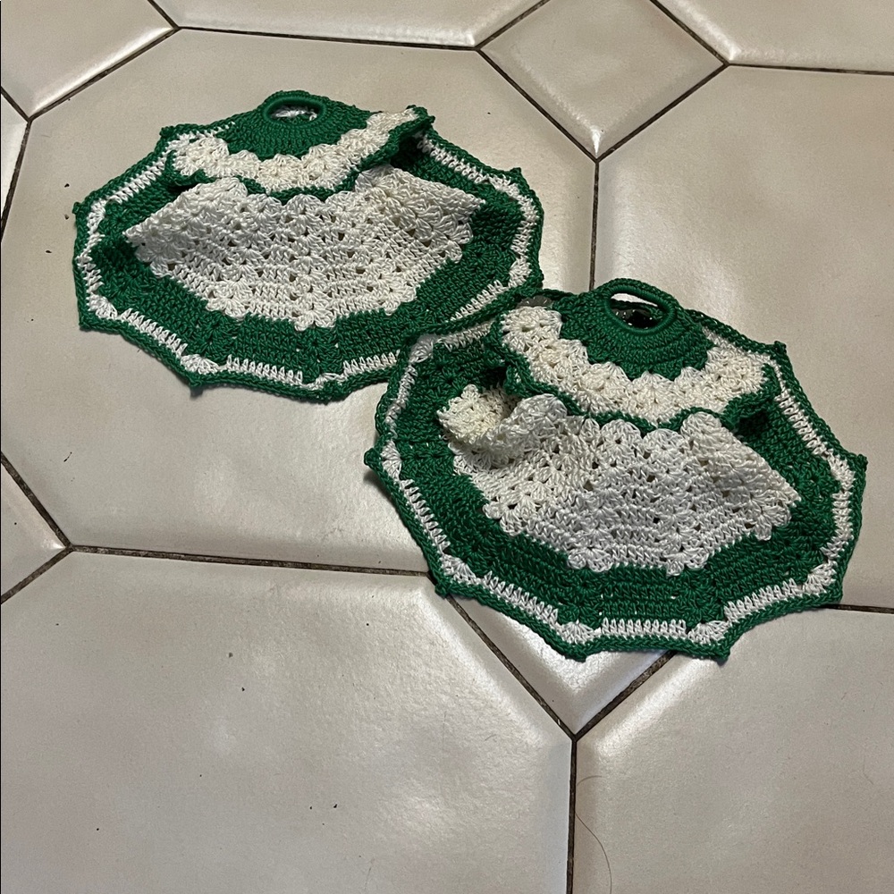Vintage Green & White Crochet Dress Pot Holders